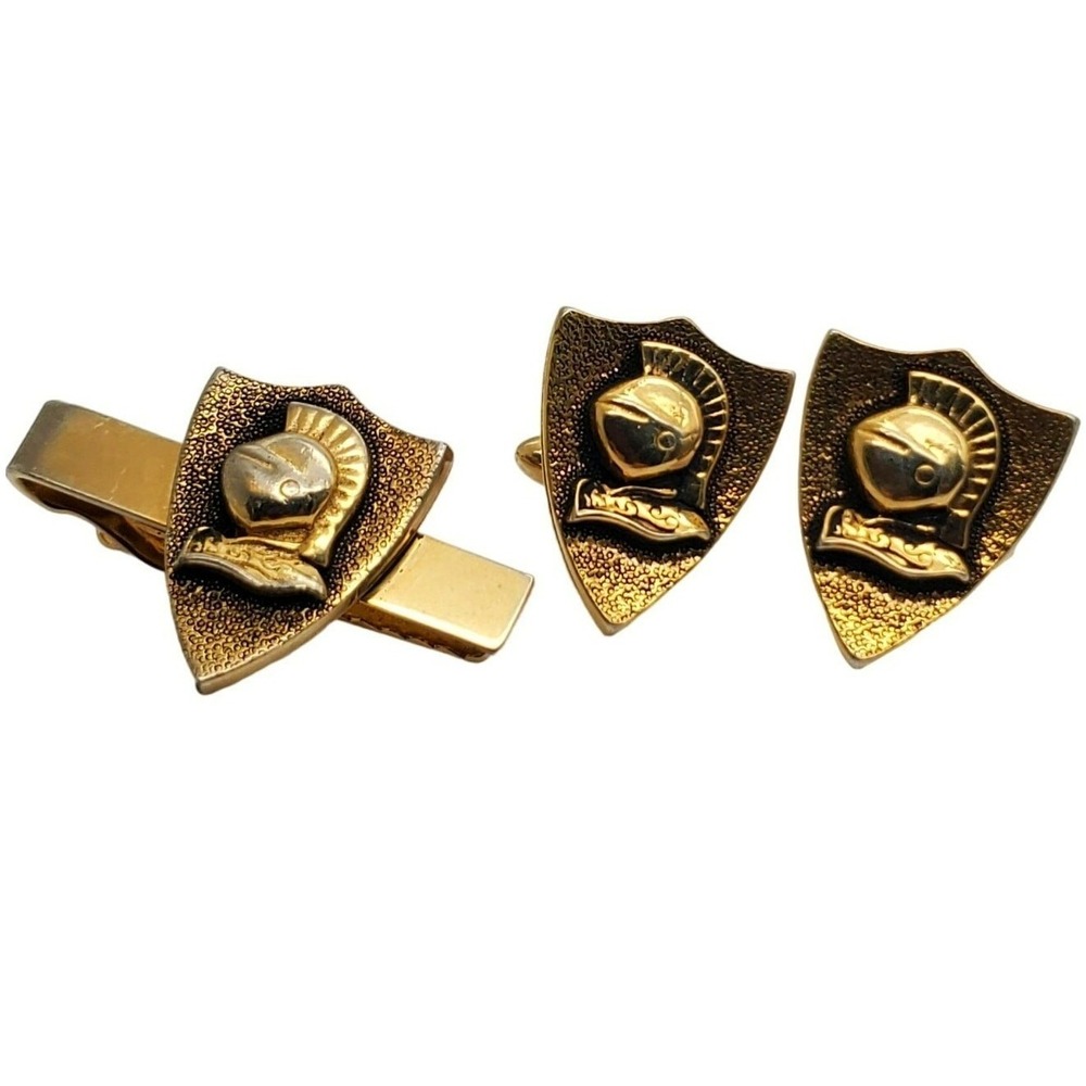 Swank Knight Shield Cufflinks & Tie Clip Bar Clasp Soldier Gold Tone Set Vintage